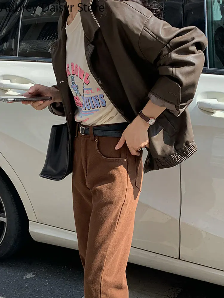 Korean Chic Black Leather Jacket Women Streetwear Vintage Solid Thin Single Breasted Coats Cropped Moto Biker Faux Leather Coat