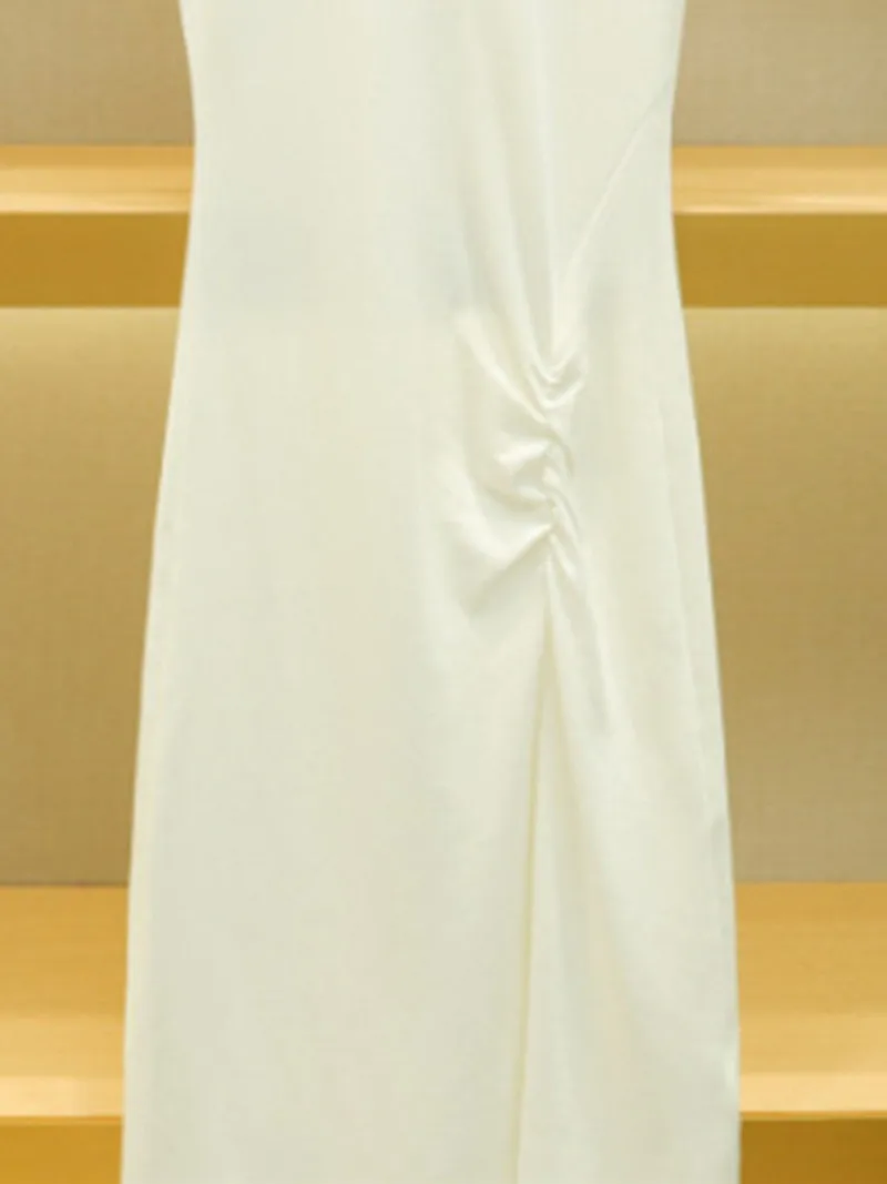 

Women Side Pleated Slim Midi Dress O-Neck Short Sleeve Front Slit Simple Long Robe Female All-Match Solid Color Dresses