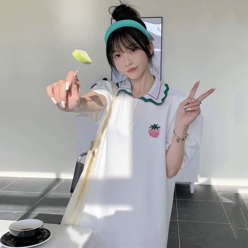 

Summer Dress Women College POLO Collar Puff Sleeves Dress Female Sweet Girl Casual Strawberry Embroidery Striped Shift Dresses