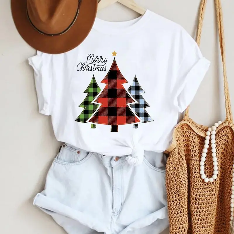 

Women Plaid Cute 2023 Merry Christmas Short Sleeve Print Tshirts Trend Graphic Travel Top T Shirt Tee T-Shirt