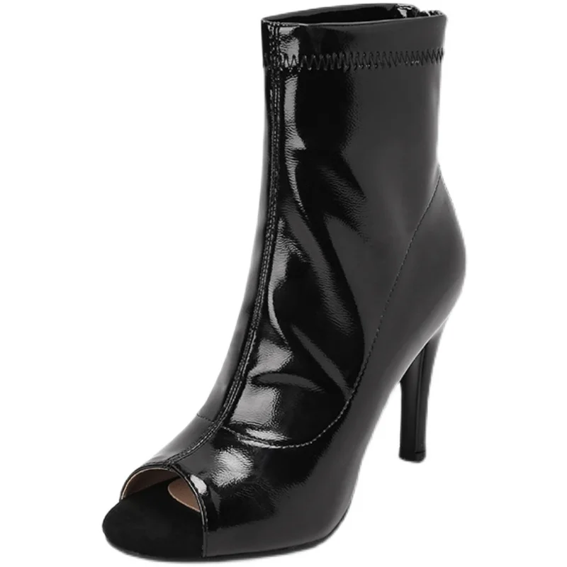 Крутые ботинки с открытым носком Новинка лета 2022 короткие из лакированной кожи