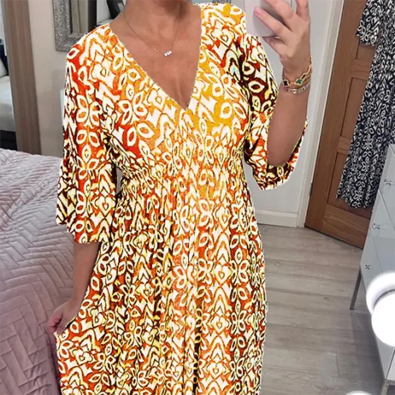 

5XL Size Summer Sexy V Neck High Waist Boho Dress Women Casual Loose Beach Dress Female Vintage Fashion Printed Long Party Dress