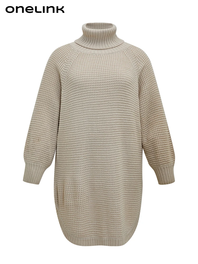 ONELINK Solid Khaki Light Brown Turtleneck Long Sleeves Loose Straigh Plus Size Women Mini Woolen Sweater Dress Knit Big Clothes