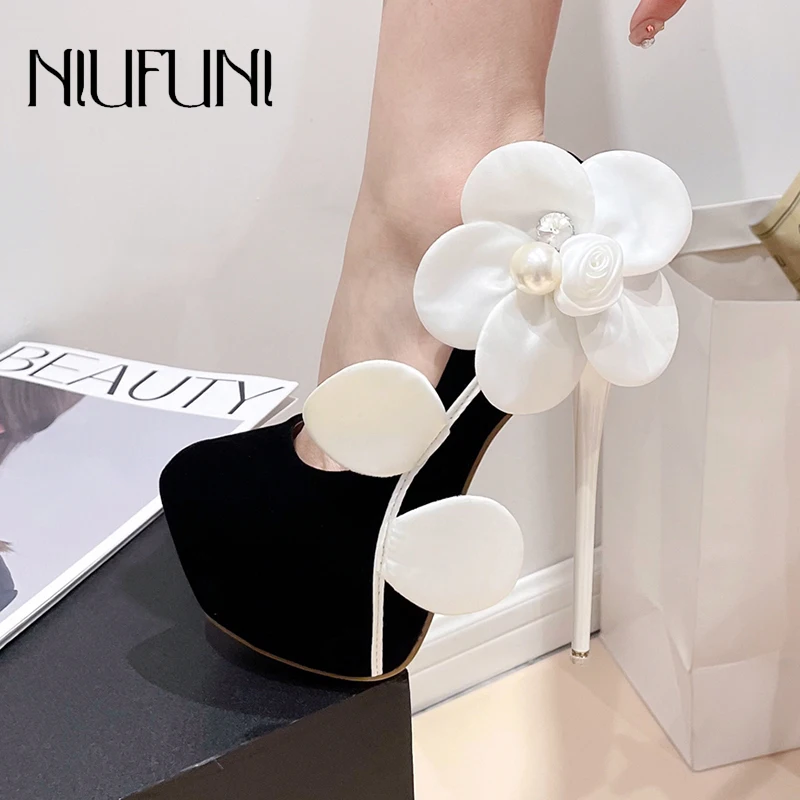

Round Toe Platform Suede Flower Woman Shoes 16CM Stiletto High Heels Black Summer Gladiator Shoes Slip On Big 42 Women's Pumps
