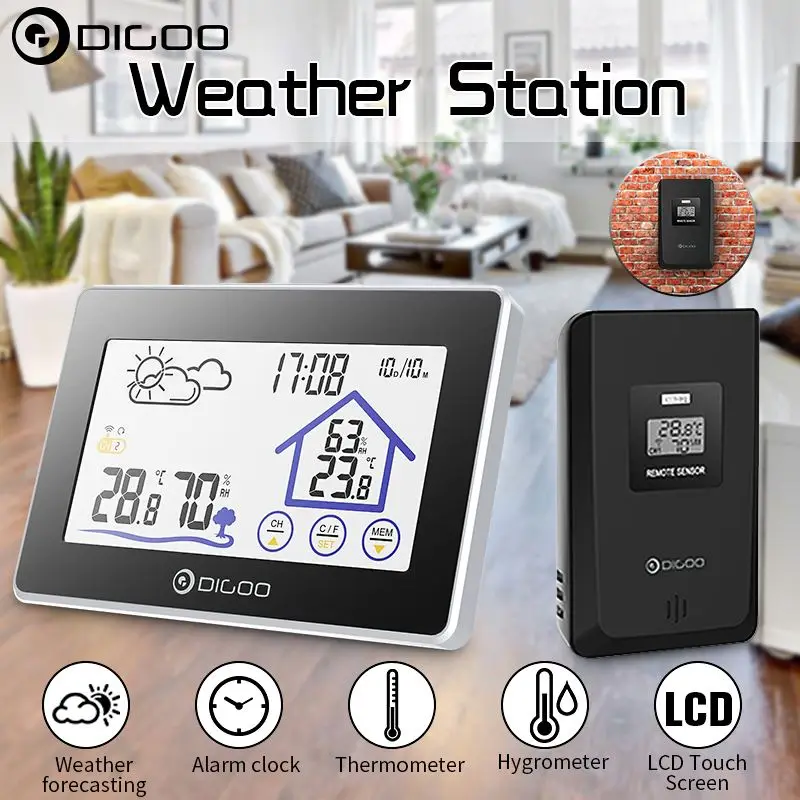 

Беспроводная сенсорная Метеостанция Digoo DG-TH8380, комнатный и уличный датчик прогноза, термометр, гигрометр, метр, календарь, подсветка
