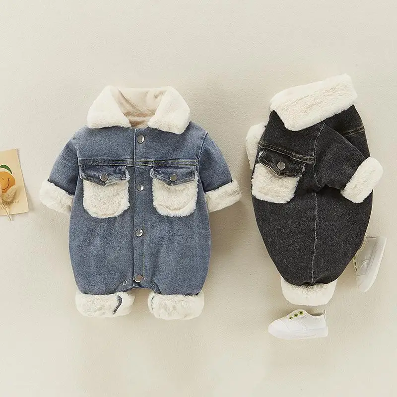 

Kids Baby Boys Romper Winter Newborn Girls Denim Plush Bodysuit Warm Toddler Jumpsuits Outfits Infant Clothing Baby Clothes