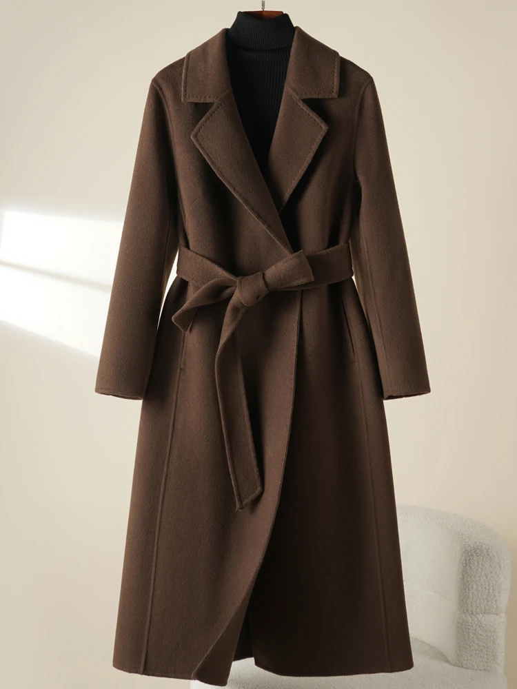 Кофейный цвет. Высококачественное облегающее двустороннее кашемировое пальто.