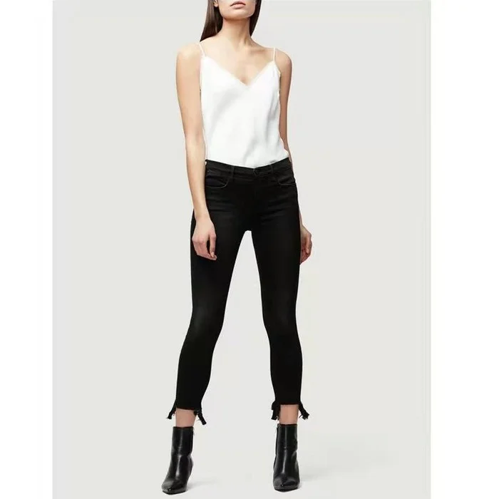 

Джинсы женские классические с завышенной талией, модные роскошные дизайнерские джинсы черного цвета, с узлом и лестницей, 22