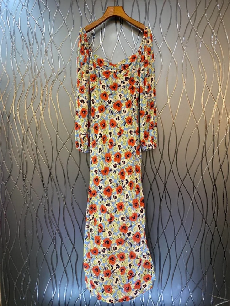 

New 2022 Autumn Long Dress High Quality Women Sexy Square Collar Red Floral Prints Long Sleeve Bodycon Sheath Party Casual Dress