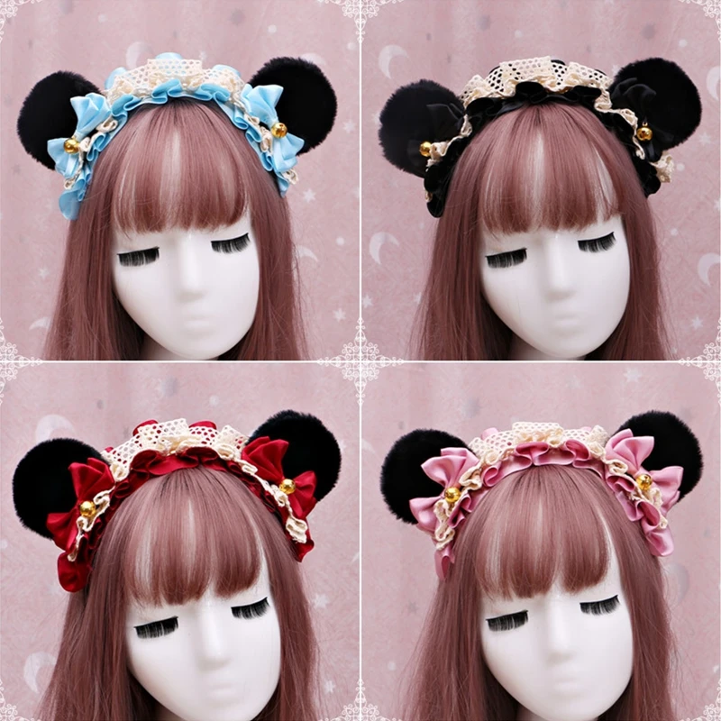 

Anime Lolita Cosplay Animal Headband Cute Plush Cat Ears Ruffled Lace Ribbon Bowknot Bell Hair Hoop Masquerade Headpiece