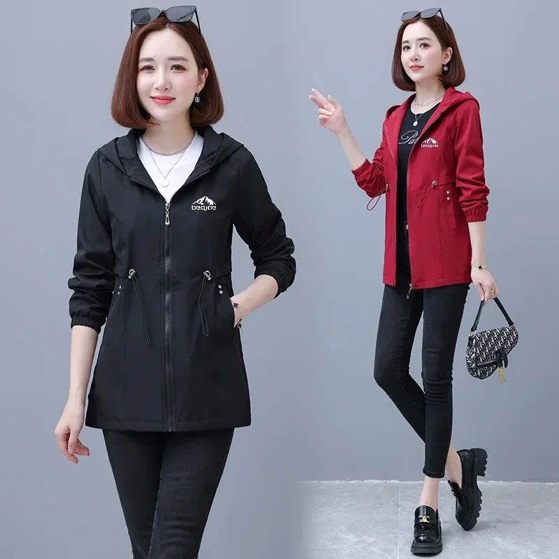 Куртка средней длины с капюшоном женская весенне-осенняя свободная утягивающая