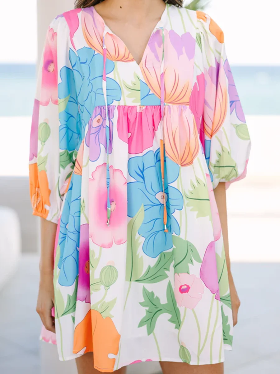 Мини-платье Babydoll женское с пышными рукавами цветочный сарафан в стиле бохо
