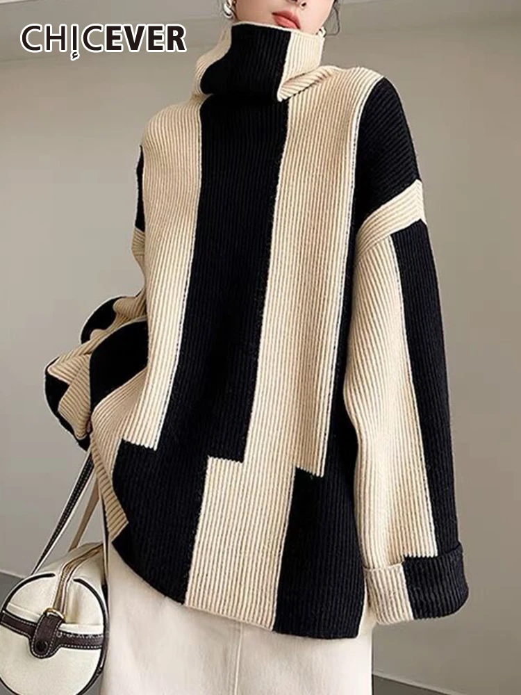 

CHICEVER Hit Color Sweater For Women Turtleneck Long Sleeve Korean Striped Loose Autumn Pullover Knitting Sweaters Female 2023