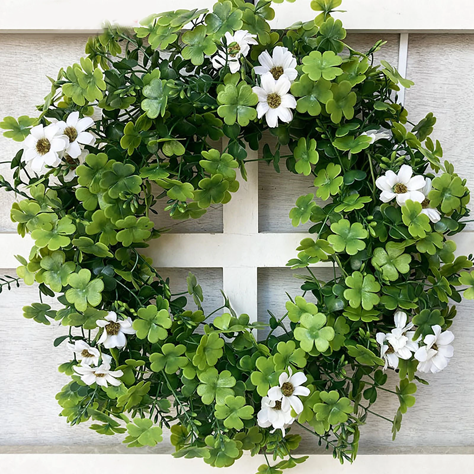 

42cm Simulation Green Plant Garland Wall Pendants St. Patricks Day Shamrock White Chrysanthemum Wreath Ornament for Garden Party