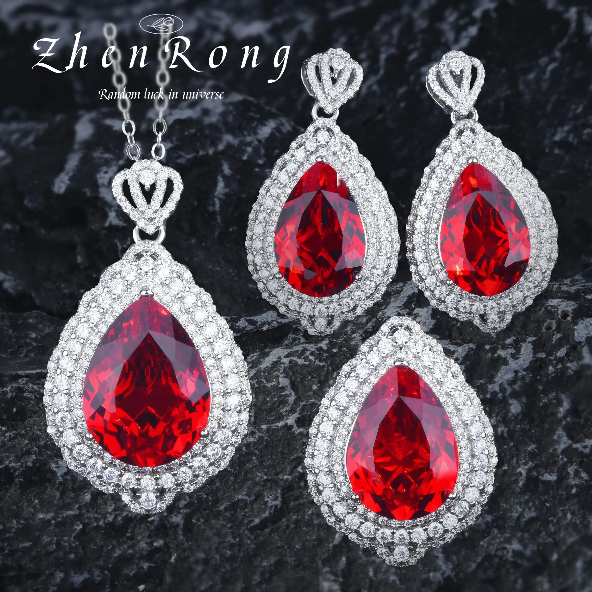 

Italian Vintage Crown Design Simulation Ruby Red Diamond Pendant Necklaces Earrings Rings Cocktail Party Jewelry Sets For Women