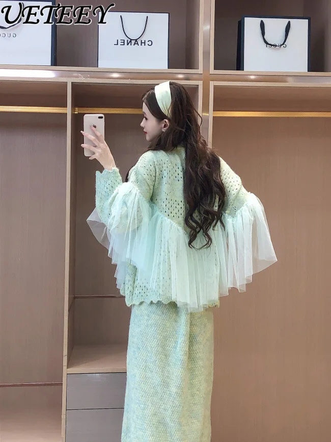 Осенний сетчатый кардиган с французскими цветами ажурная куртка + длинное платье