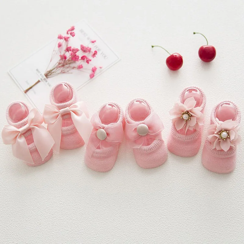 

3 Pairs/Lot Lace Flower Newborn Baby Socks Cotton Anti-Slip Kids Floor Socks Bow Baby Girl Socks Spring Summer Girls Gift sokken