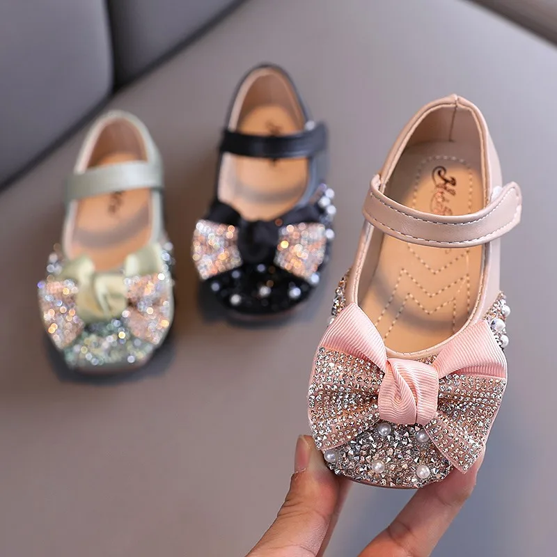 

Fashion Children Leather Shoes Rhinestone Bow Princess Girls Party Dance Shoes Sweet Baby Student Flats Kids Performance Shoes