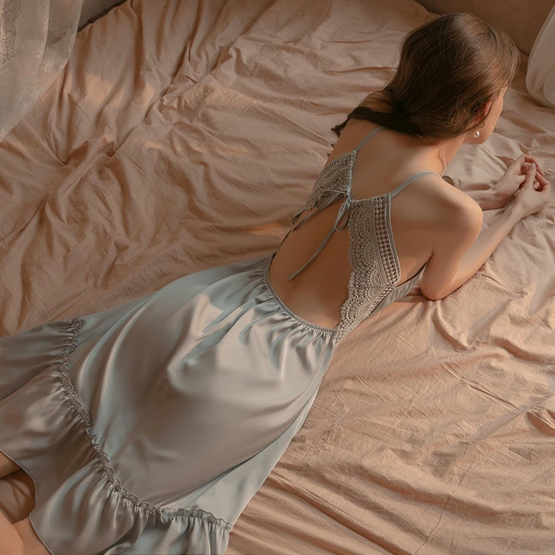 Summer Vintage Nightgowns Female Plus Size Lingere Night Dress Women Sexy Silk Sleepwear Backless Sling Satin Nightie Slipdress