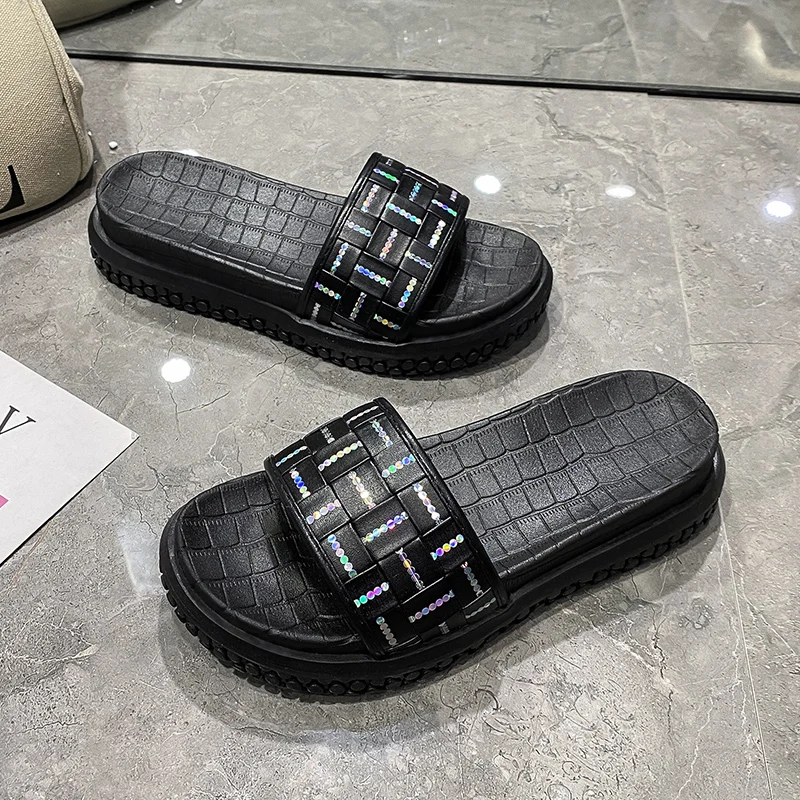 

Glitter Slippers Women Summer Sandals 2022 Fashion Bling Female Candy Color Flip Flops Beach Diamond Flat Shoes Outdoor Sandales