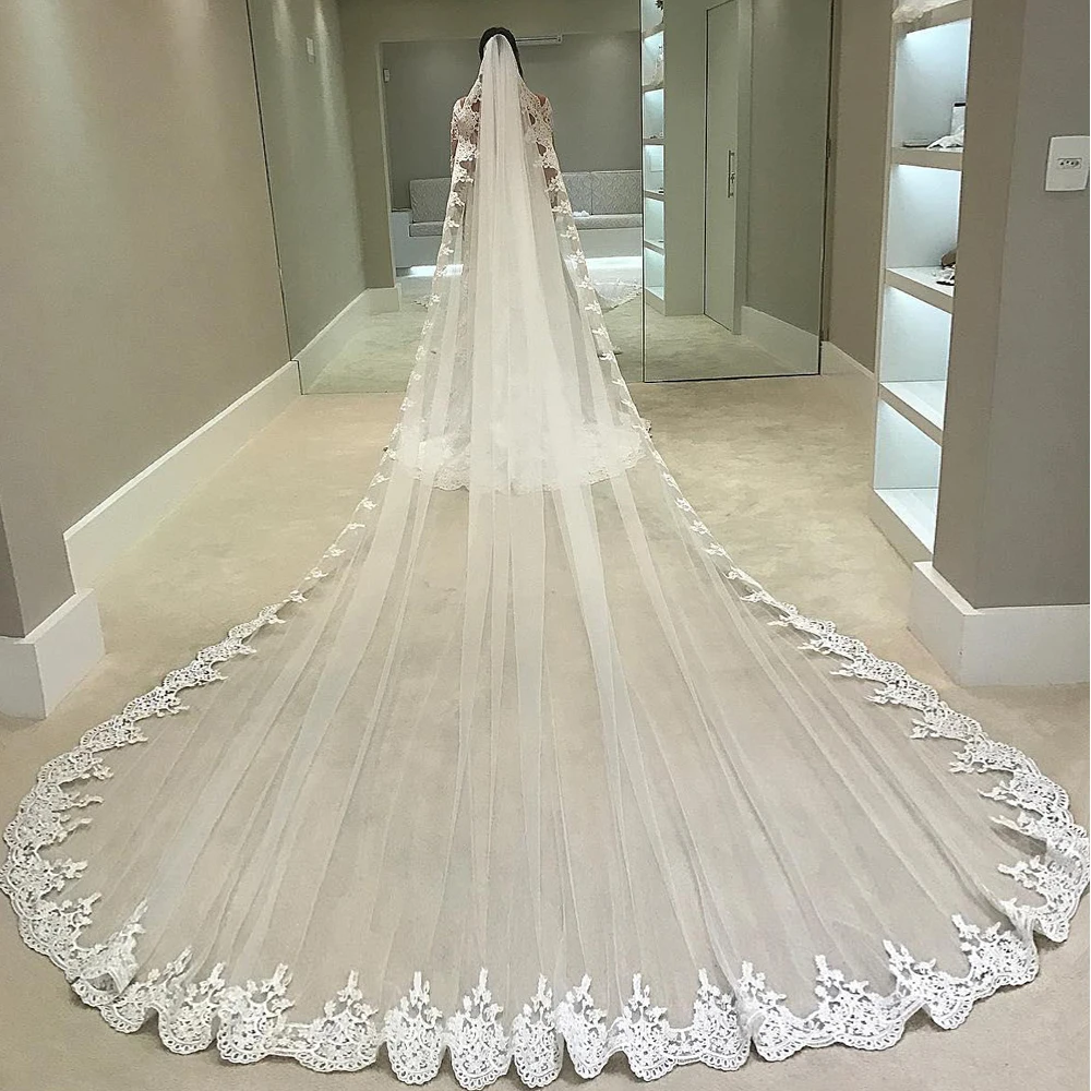 

Hot Sale 4M Wedding Veils With Lace Applique Edge Long Cathedral Length Veils One Layer Tulle Custom Made Bridal Veil With Comb