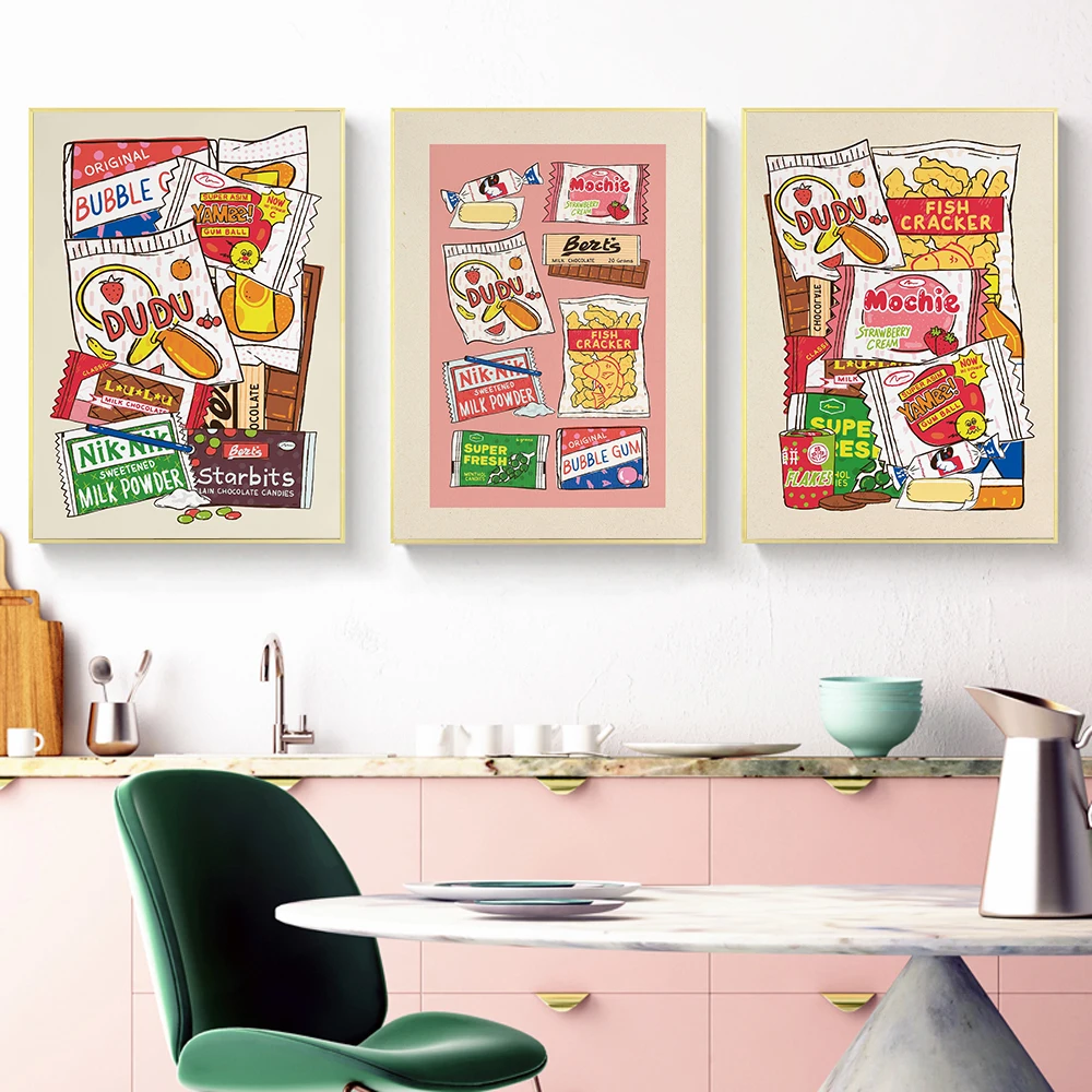 

90s Childhood Snacks Nostalgic Japanese Asian Food Retro Wall Print Canavs Painting Modern Kitchen Decor Biscuit Candy Pictures