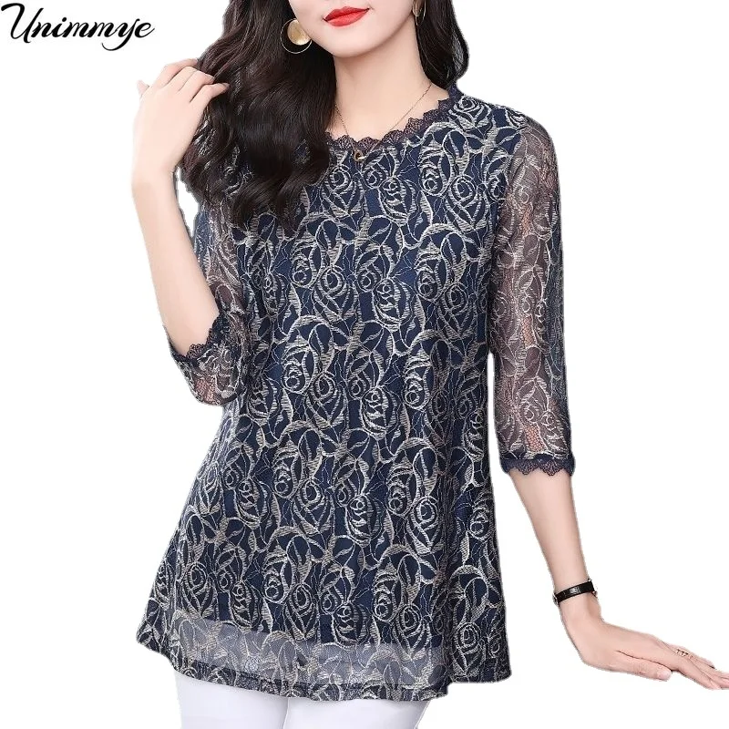

Women Blouse Tops Flower Printing O Neck Three Quarter Sleeve Lace Casual Top Ladies Blouse Camisas 2023 Vetements Femme