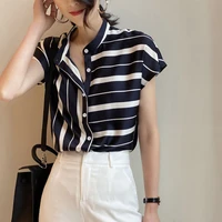 vintage printed stand collar striped button loose irregular chiffon shirt summer casual tops oversized commute womens blouse