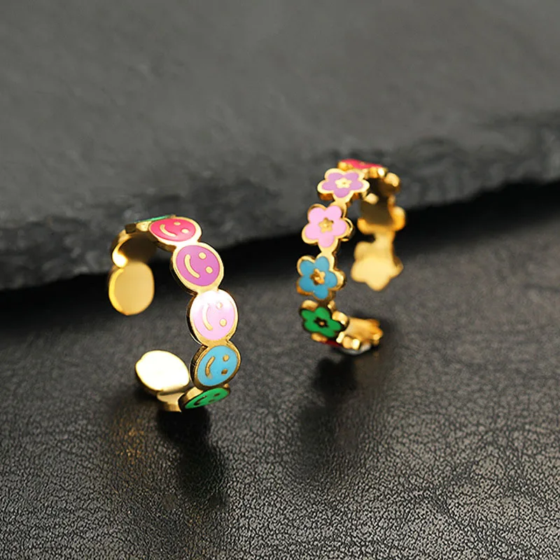 

Popular Smiley Face Flower Colorful Ring Lovely Style Charm Ring Birthday Party Gift For Women's Fine Jewelry Free Shipping