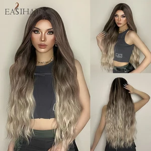 EASIHAIR Brown Ombre Synthetic Hair Wigs for Women Super Long Body Wavy Middle Part Wigs Heat Resistant Natural Wig Cosplay Hair