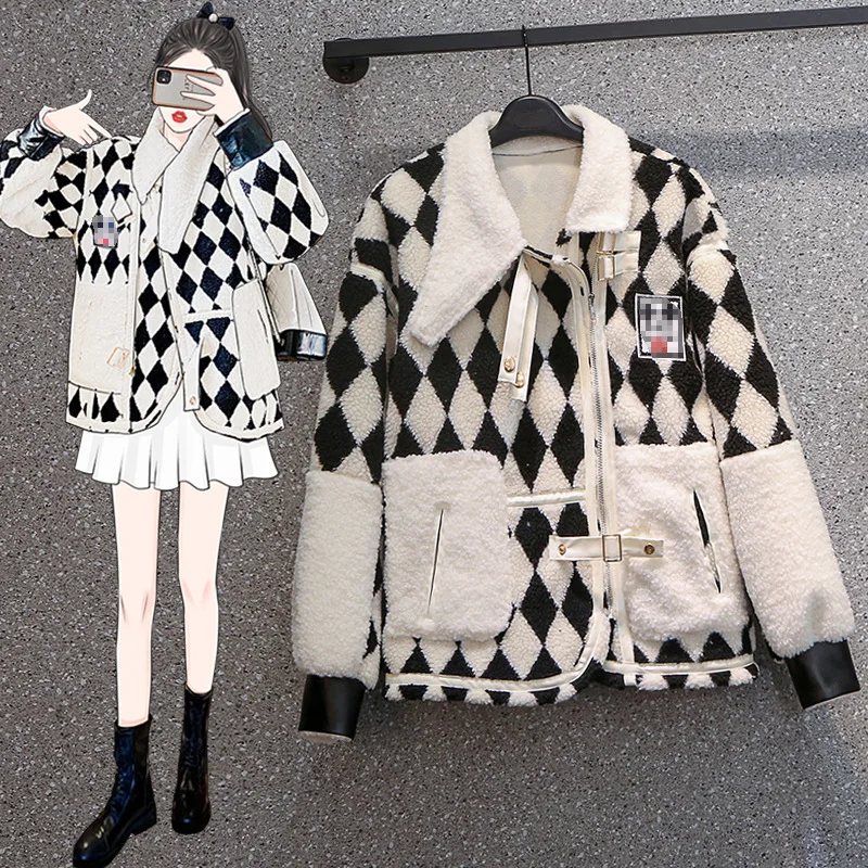 

Women's Jacket Plus Size Autumn and Winter New Fat Sister Checkerboard Thickened Lamb Wool Coat Short Wild Jacket Jacket Women