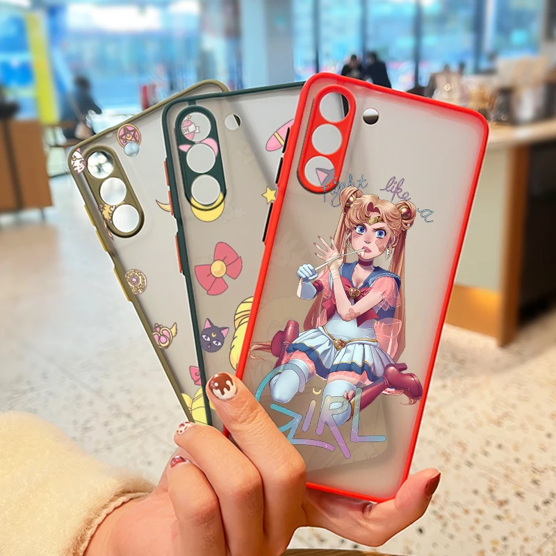 

Hot Anime Sailor Moon For Samsung Galaxy S22 S21 Ultra S20 FE Lite S10 S9 S8 Plus 5G Frosted Translucent Phone Case Capa Cover