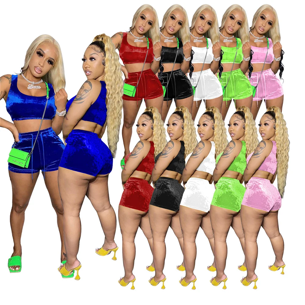 

Женский комплект из двух предметов, однотонный флисовый укороченный топ без рукавов, повседневные велосипедные шорты, спортивная одежда в ...