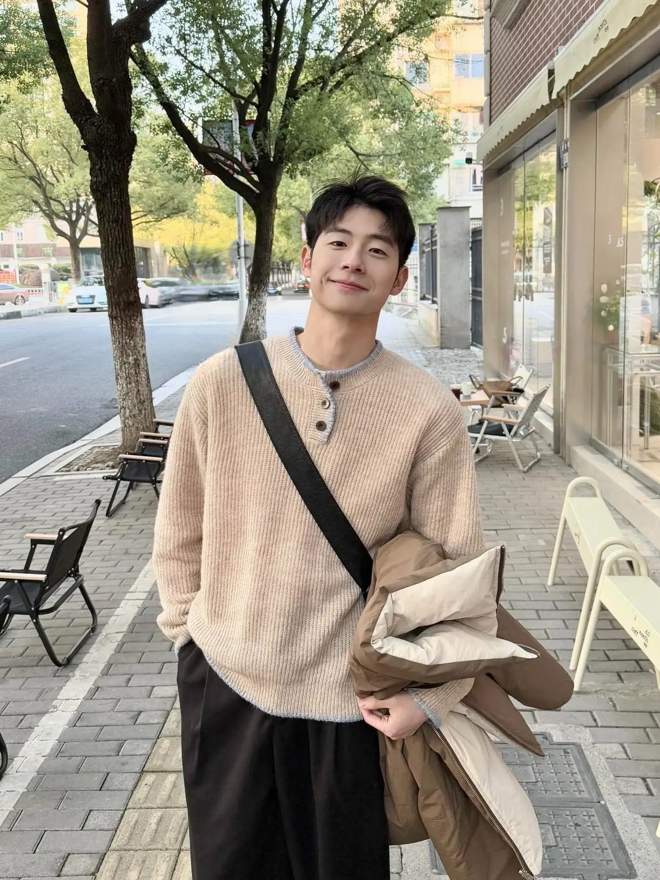 Абрикосовый американский винтажный свитер с воротником Генри мужской