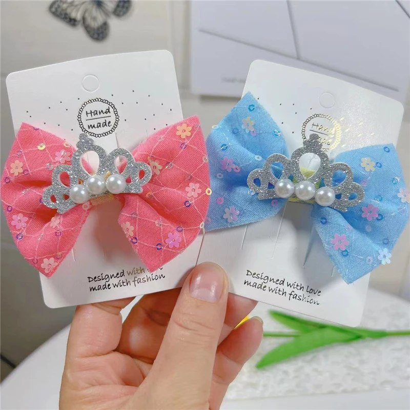 

5Pcs/Lot Children's Crown Hair Accessories Bow Barrettes Princess Pearl Hairpin Little Girl Sequin Gauze Head Clip Headdress