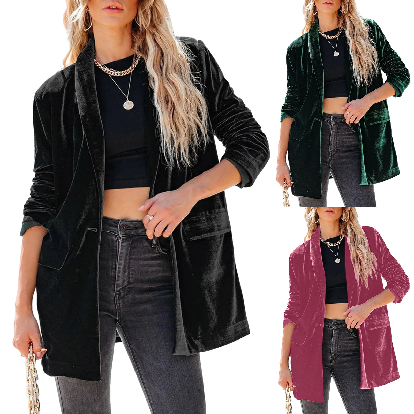 

Women Velvet Blazer Jacket Casual Lapel Collar Blazer Fashion Pocketed Blazer Jacket Lounge Cozy Solid Color Fall Winter Coat