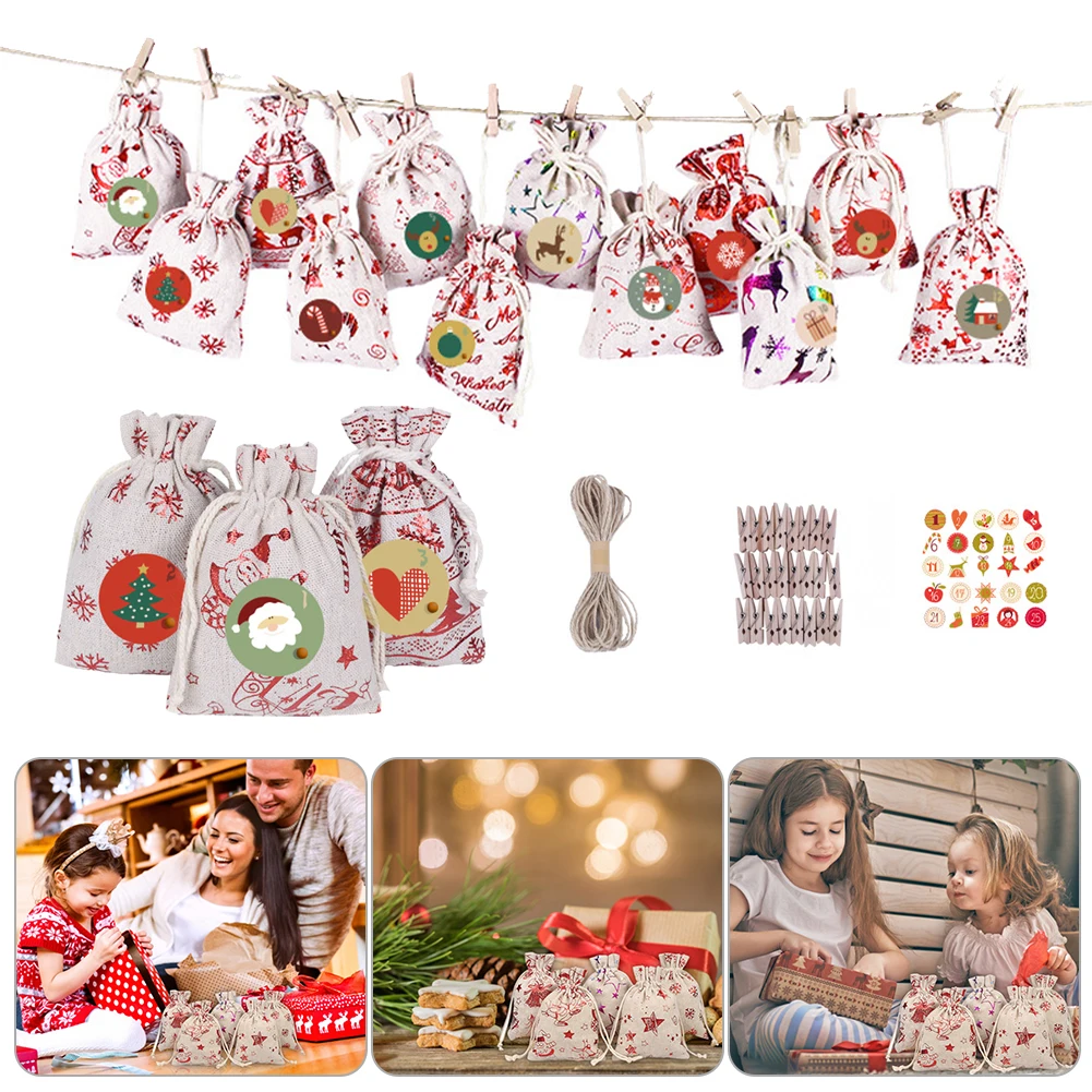 

24Pcs Christmas Sack Bag Drawstring Gift Bags For Kids Gift Wrapping Santa Claus Snowman Xmas Gift Bags With Labels Party Supply