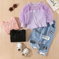 girl two piece clothing set long sleeve patchwork see through plaid ribbed tops denim elastic lettering ripped jeans