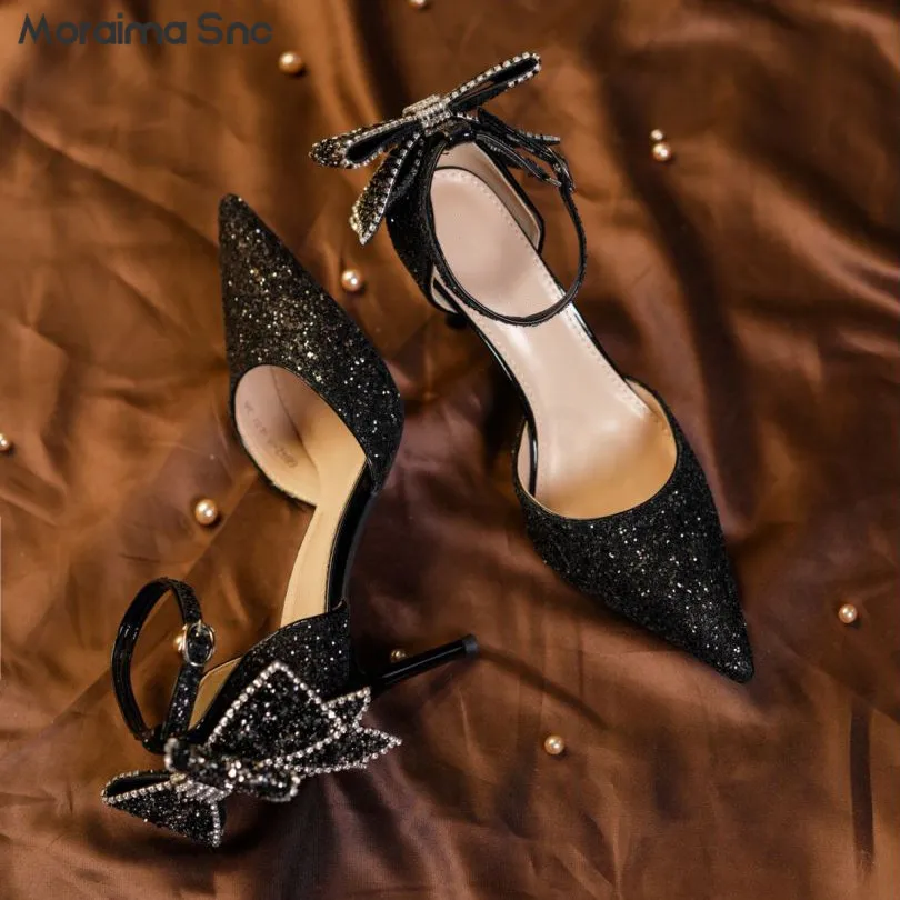 Sequin Butterfly Wedding Shoes Fashion Banquet Pointed Toe Stiletto High Heel Buckle Belt Baotou Pumps Greeter Temperament Shoes