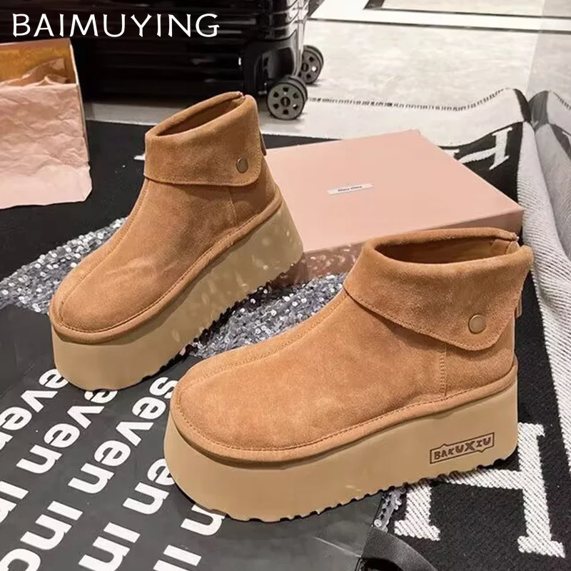 Замшевые женские зимние ботильоны на платформе дизайнерские короткие плюшевые