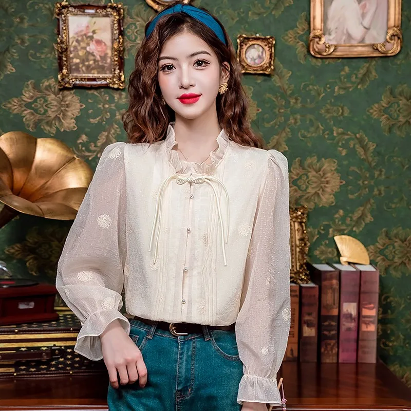 Женская блузка с длинным рукавом элегантная рубашка вышивкой в винтажном стиле