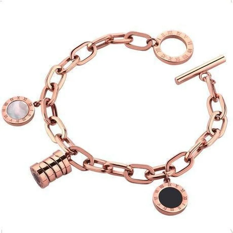 

Thick Chain With Pendants Roman Numerals Black White Shell Rose Gold Color Bracelets