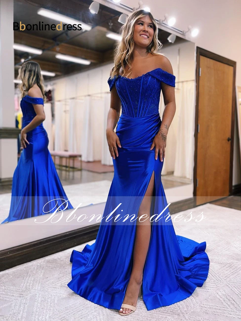 

Bbonlinedress Off The Shoulder Prom Dress Pleat High Split Sexy Evening Gown Backless Long Mermaid Formal Occasion Dresses