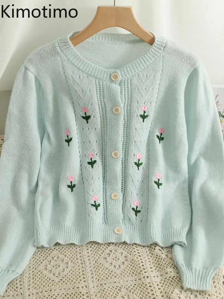 

Женский вязаный кардиган с вышивкой Kimotimo, новинка 2022, однобортный ажурный свитер, модные кардиганы с длинным рукавом во французском стиле н...