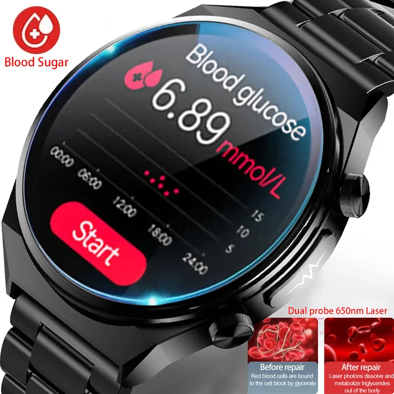 

Noninvasive Blood Glucose New Sapphire Glass ECG+PPG Smart Watch Men Heart Rate Blood Oxygen Health Smartwatch Temperature 2023