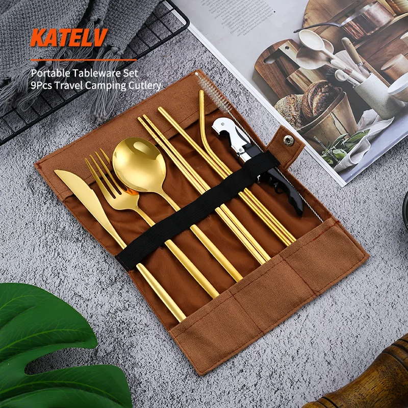 

Portable Cutlery Set Stainless Steel Knife Fork Spoon Cloth Bag Eco-friendly Travel Outdoor Dinnerware Set Camping Tableware Set