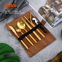 portable cutlery set stainless steel knife fork spoon cloth bag eco friendly travel outdoor dinnerware set camping tableware set