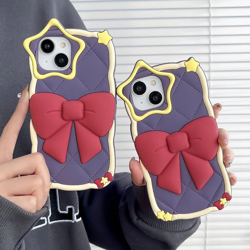 

Cute Luxury Soft Sweet Simple Purple Silicone Star Bowknot Rear Cover Mobile Phone Case for iPhone14 13 12 11 ProMax for Girls