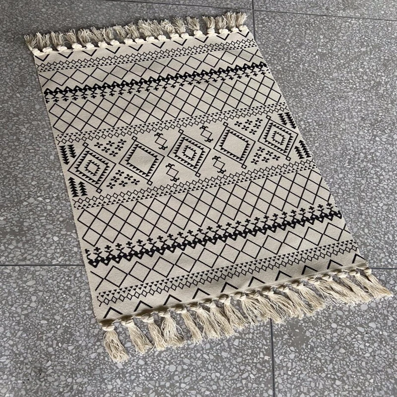 

Morocco Style Handmade Knotted Carpet With Tassels Ethnic Geometric Striped Decor Area Rugs Kitchen Bedroom Non-Slip Door Mat