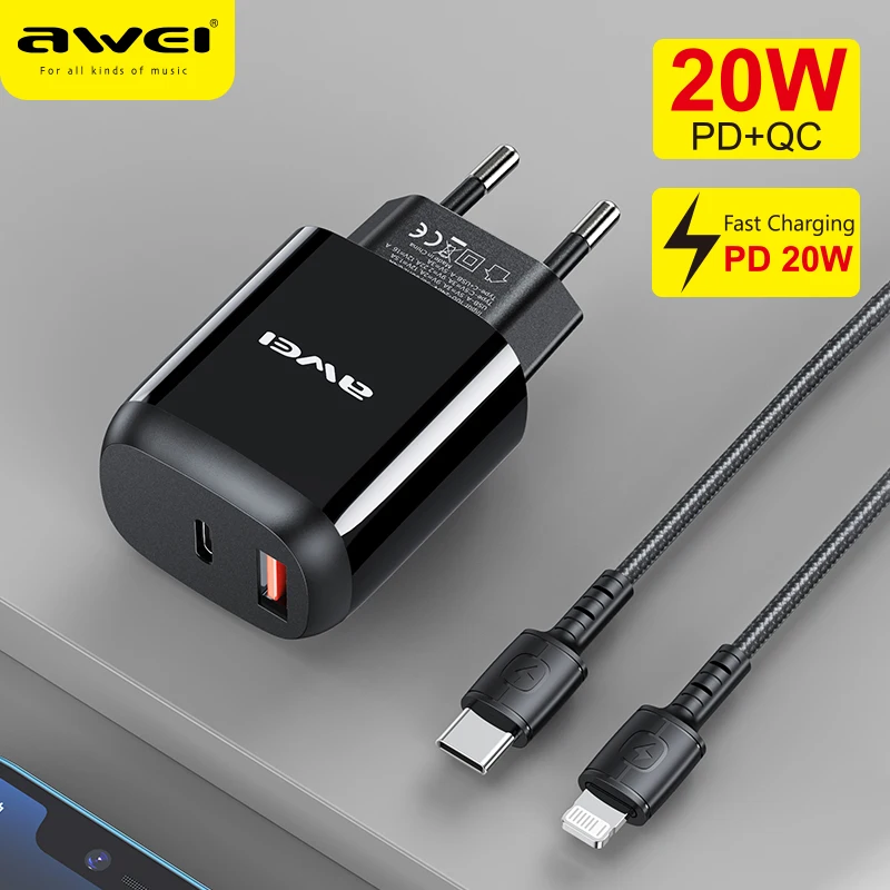 

Awei PD 20W Dual Ports Phone Charger Adapter Fast Charging QC 3.0 Usb Type C Mobile Phone Chargers Adapter for IPhone 13,Xiaomi